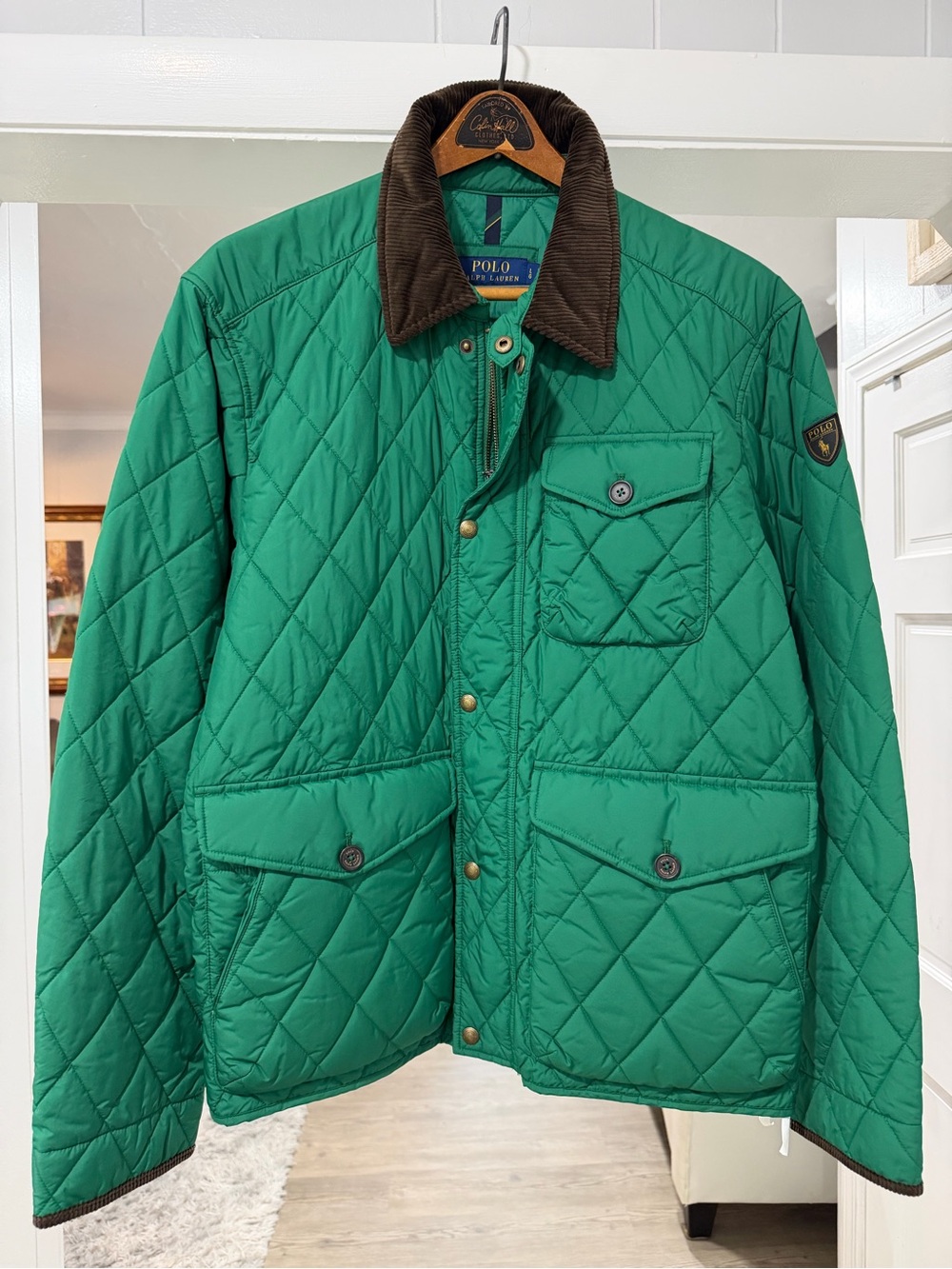 Polo by Ralph Lauren Emerald Green Quilted Jacket with Brown Corduroy Collar